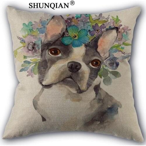 Bulldog Linen Cotton Pillow Covers Printed Square Home Decorative No Core Pillowcase 45x45cm one side