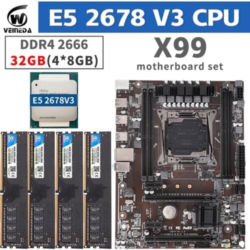 VEINEDA X99 motherboard set with Xeon E5 2678 V3 LGA2011-3 CPU 4pcs X 8GB =32GB 2666MHz DDR4 memory