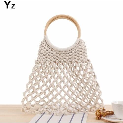 Aby 2021 New Fashion Cotton Rope String Bags For Women Day Clutches With Big Wooden Circular Ring