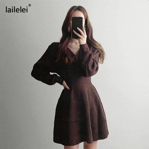 Mini Sweater Dress Knitted v Neck Long Sleeve a Line Winter Robe Femme Vintage Elegant Black Korean Fall 2020 Sukienki Damskie
