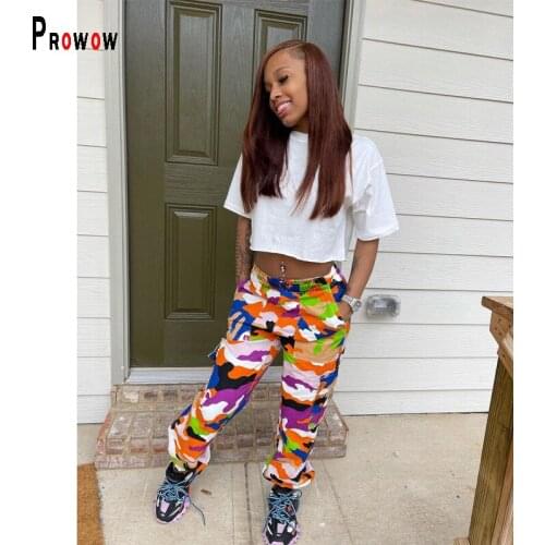 Prowow Women Matching Sets White T-shirt Camouflage Full Pant Spring Summer Clothing for Woman Casual Female Streetwear Outfits