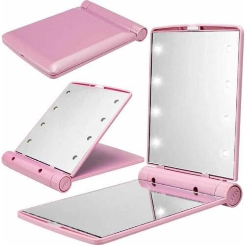 2021 New Folding Makeup Mirror Women Outdoor Portable Cosmetic ABS Plastic Foldable Mirror with 8 LED Lights Lamps