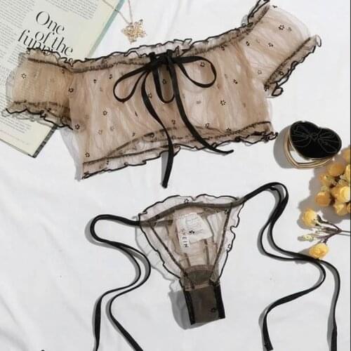 Womens Sexy Mesh Off-the-Shoulder Tube Top Cute Underwear Set Temptation See-through Erotic Clothing Flirting Costumes Lingerie