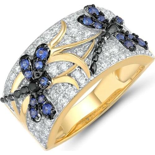 Creative Cut Blue Dragonfly Ring For Women Luxury Golden Full White Crystal CZ Ring Female Wedding Band Jewelry Accessories Gift