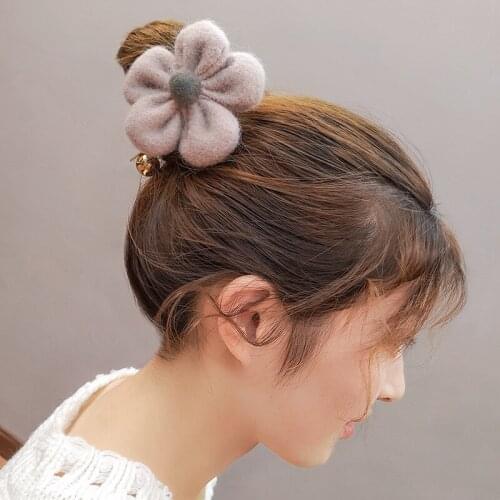 Women Flower Hair Rope Lady Solid Color Plush Fluffy Rubber Bands Korea Hair Clips