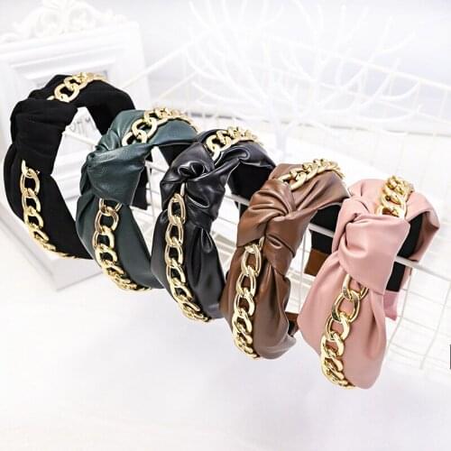 Fashion Top Knotted PU Leather Headband With Metal Chain for Women Ladies Party Shopping Hairband Headpiece Accessories