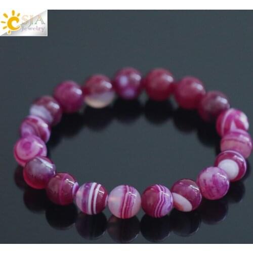 CSJA 10mm Rose Red Onyx Bracelets Natural Stretch Bangle Round Beads Veins Stone Women Charm Energy Jewelry for Best Friend F147