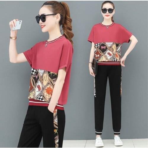 Women Tracksuit Summer print Blouse and Pants 2 Piece Sets Korean Casual Loose Outfits Knitted 2021 New Suits 4XL