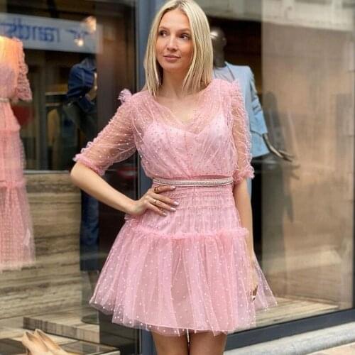 2021 Summer New Arrive Holiday Style Sexy Backless Women Mini Dress Travel Ruffles Mesh Dots Beach Slip Dress