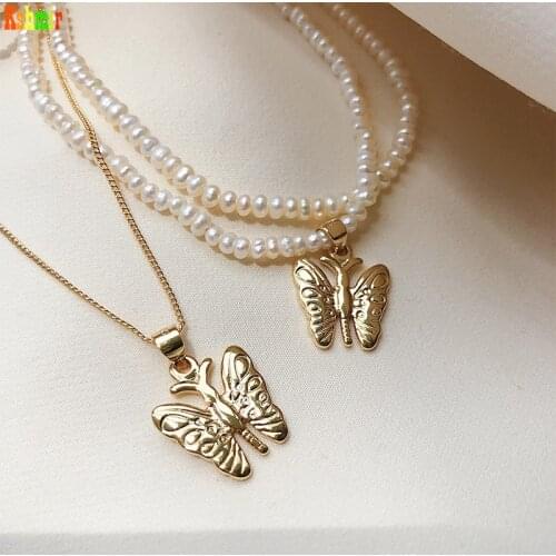 Kshmir 2020 Baroque Freshwater Pearl Butterfly Necklace Female Retro Design Clavicle Chain Multi - Layer Necklace Jewelry Women