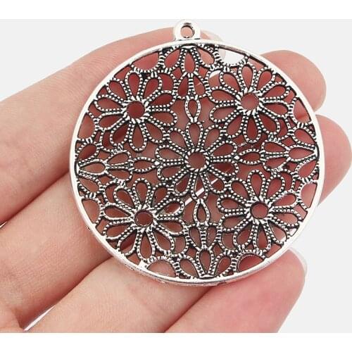 2PCS Antique Hollow Open Filigree Flowers Charms Pendants for Necklace DIY Jewelry Finding Making 49.5x49.5mm