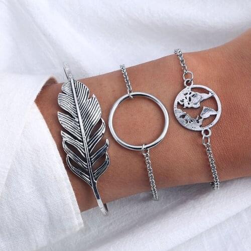 UMKA 3 Pce/Set Boho Vintage Silver Color Feather Alloy Leaf Bracelet Earth Circle Bracelet Exquisite Fashion Woman Party Jewelry