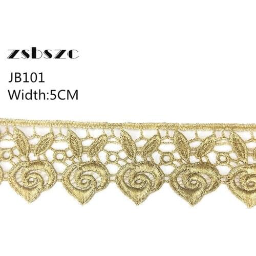 5CM Width 5Yards Flower Gold Lace Embroidery Fabric for Wedding Dresses Sewing Accessories Applique Crafts
