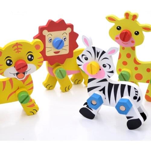 Baby Wooden Puzzle Assembly DIY Toys Lion Tiger Craft Model Decor Animal Cognation Early Learning Educational Toys for Children