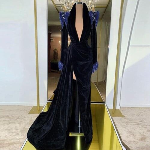 Eightale Caftan Evening Dress Kaftan Velvet Black and Blue Arabic Dubai Beaded Long Sleeves High Side Split Prom Party Dress