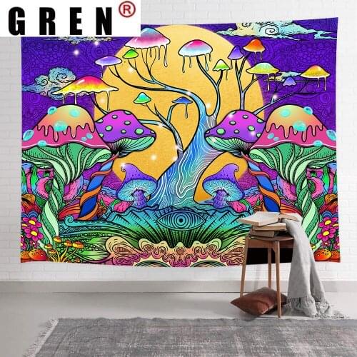 GREN Psychedelic Mushroom Tree Tapestry Trippy Forest Sun Art Wall Hanging Tapestries for Living Room Bedroom Home Decor