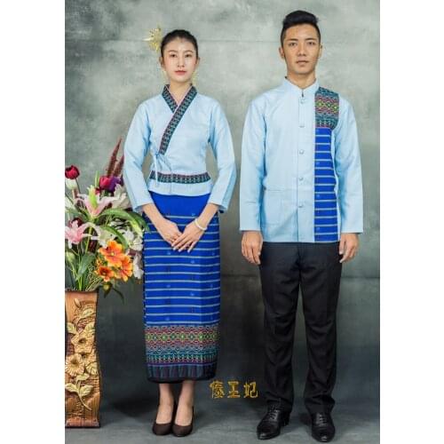 South East Asia Characteristic clothing Autumn Winter long sleeves Thailand Laos restaurant work clothes light blue waiter suits