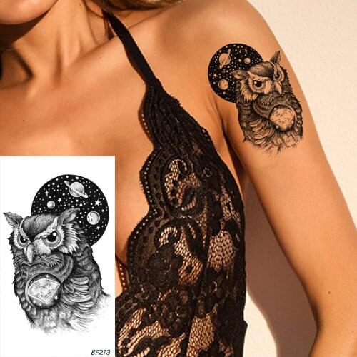 Moon Diamond Owl Black Small Waterproof Fake Tattoos Stickers For Kids Body Arm Art Temporary Tattoo Custom Galaxy Tatto DIY