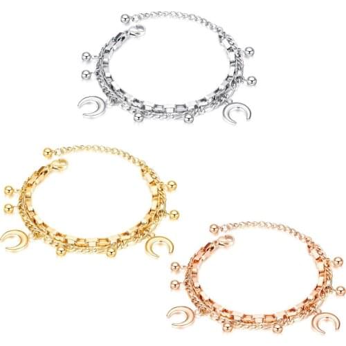 Fashion Beads Moon Bracelet Stainless Steel Link Chain Jewelry Gift For Women Girls