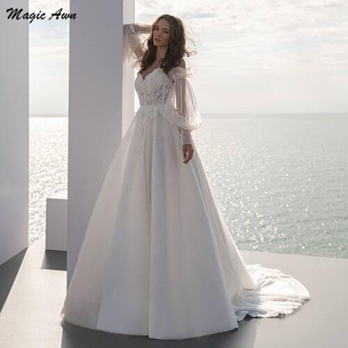 Magic Awn Charming Boho Wedding Dresses 2021 Detachable Sleeves Lace Appliques Beach A-Line Wedding Party Dress Illusion Robes