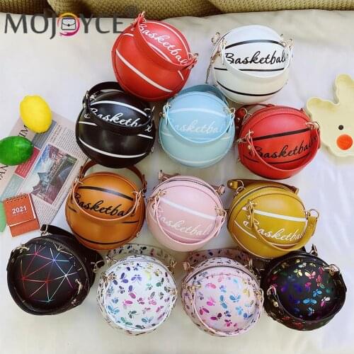 Portable PU Leather Basketball Round Chain Mini Handbags Fashion Women Letters Butterfly Checker Printing Shoulder Crossbody Bag