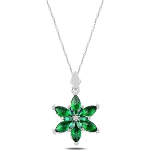 Silver 925 Sterling Lotus Flower Emerald Zircon Cubic Zirconia Necklace