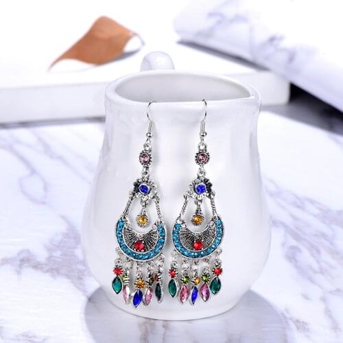 Bohemian Vintage Multilayer Rhinestone Tassel Earrings for Fashion Women Retro Moon Shaped Hollow Long Dangle Geometric Earrings