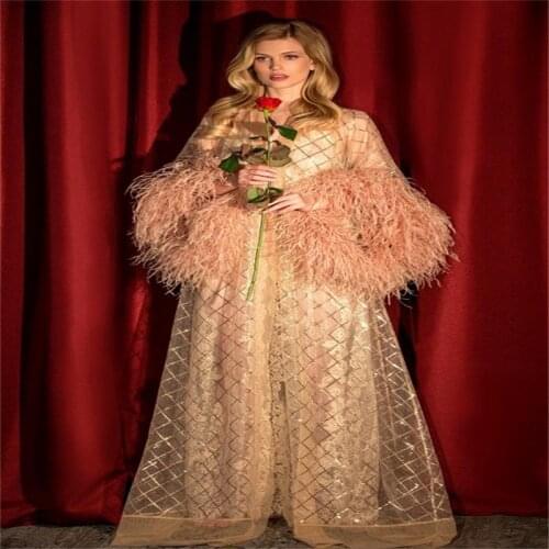 Ostrich Feather Wedding Bathrobe Long Sleeves Chiffon Sleep Wear Custom Made Pajamas Elegant Sweetheart Wedding Robe Nightgown