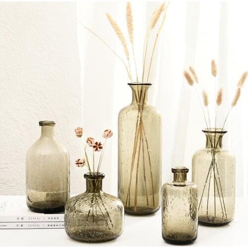 Vintage Style Vase Smoke Grey Bubble Glass Bottle Flower Jar for Small Hydroponic Plant Dried Flower Living Room Decoration