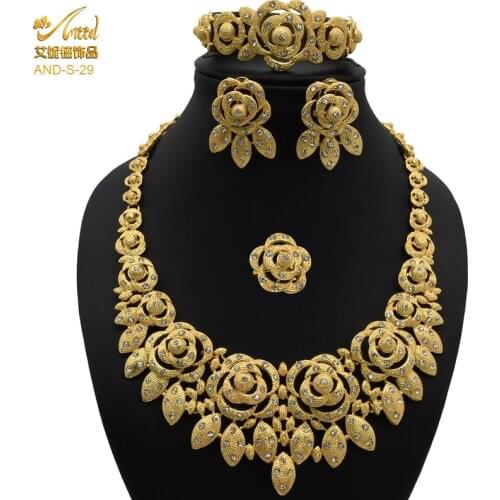 Jewelery Sets Dubai Gold Designer Necklace For Women Luxury Long Bracelet Hawaiian Indian Bridal Nigerian Flower African Jewelri