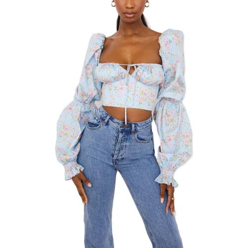 Women’s Casual Puff Sleeve T-shirt Fashion Floral Tie-up Square Collar Exposed Navel Tops