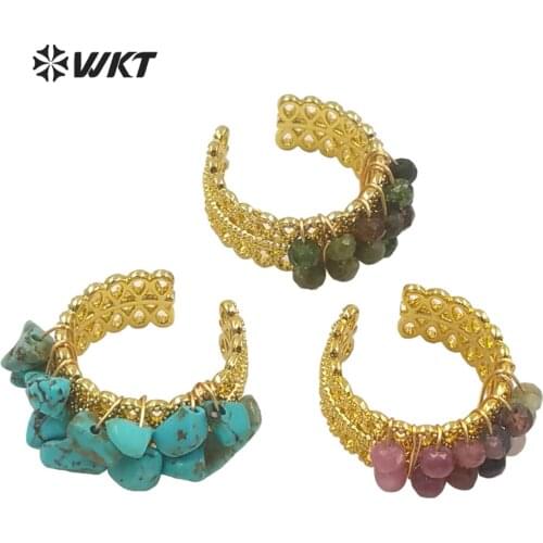 WT-R367 WKT Wholesale Gold Color Ring Hollow-carved Design Handmade Wire Wrapped Stone Beads Lady Ring For Gift