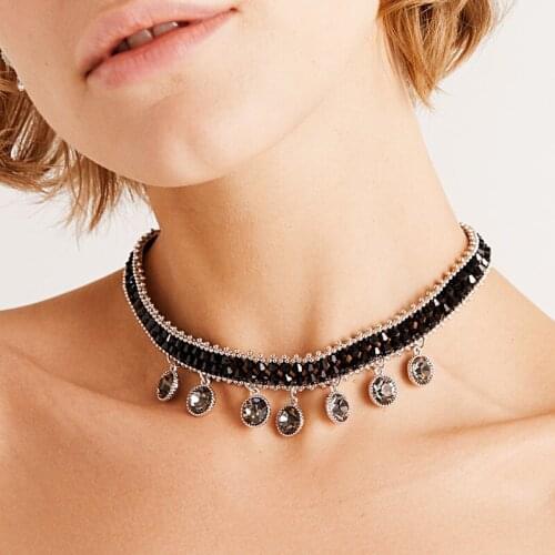 Hot Chic Handmade Black Beads Chain Clear Crystal Pendent Choker Necklace for Women neck Chocker Necklace Jewelry Gift Free Ship