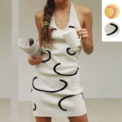 Womens Summer Dresse Sexy Halter Fashion Knitting Print Halter Neck Elegant Woman Dress 2021 Ladies Casual Nightclub Mini Skirt