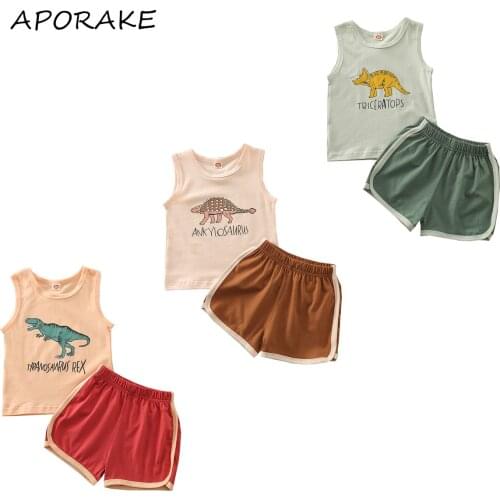 2021 1-5Y Casual Kids Baby Girl Boy Clothing Set Cartoon Dinosuar Print Sleeveless Top Vest+Shorts Tracksuit 2pcs Outfits