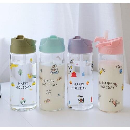 350ml Cute Glass Water Bottle Container for Children Kids Milk with Straw and Flip Lid Girl Leak Proof Travel Drink BPA Free Cup