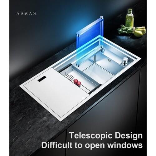 ASRAS 8243E SUS304 Thickness Handmade Kitchen Sink Large Single-sink with Lifting Faucet Stainless Steel Hidden Sink with Cover