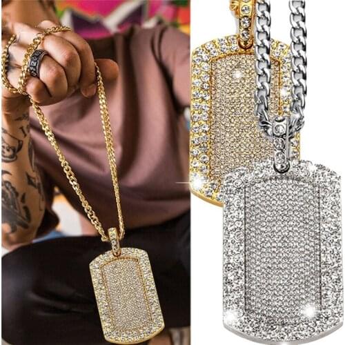 Mens Hip Hop Pendant Filled Iced Out Rhinestone Gold Color Charm Square Dog Tag Necklace With Cuban Chain Jewelry