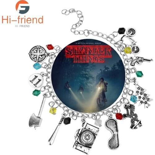 Movie Stranger Things Charm Bracelet Gun Bicycle Camera Crystal Beads Friends Don't Lie for Women Men Wrist Jewelry