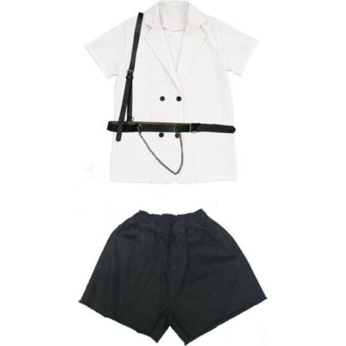 Kids Concert Hip Hop Outfits White Button Blazer Mini Dress With Chain Belt for Girls Jazz Dance Wear Costume Dancing Clothes