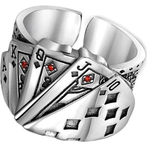 Hemiston Magician Playing Card Mens Titanium Steel Ring Retro Hip Hop Texas Poker Tonghuashun Casting Ring