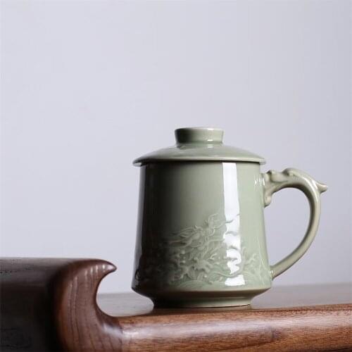 Coffee Mug Teacup 12.5oz Cup with Lid Microwave and Dishwasher Safe Chinese Porcelain Drinkware Engraved Dragon and Wave Ceramic