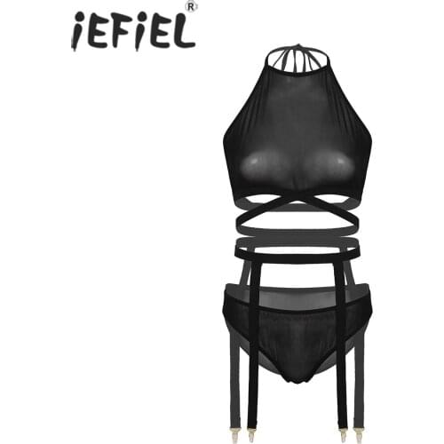 Women Fashion Halter See-through Mesh Lingerie Sets Backless Strappy Crop Tops with Sheer Briefs Sissy Underwear with Garters