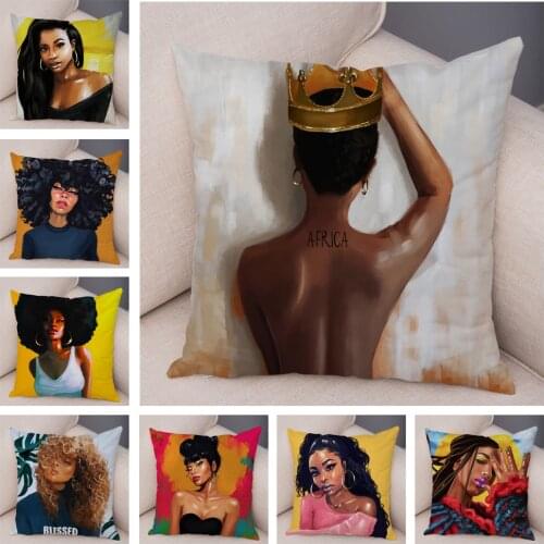 Soft Plush Pillowcase Black Women Pillow Case Decor Cartoon Beautiful Africa Girl Lady Cushion Cover for Sofa Car Home 45x45cm