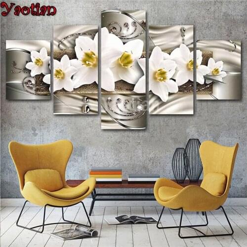 5 Piece Diamond Painting Full Square Round Drill 5D Diy White magnolia flower Painting Diamond embroidery Diamond Mosaic Sales