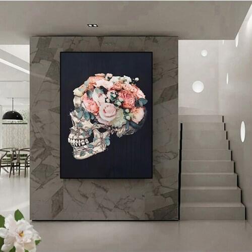 Wall Art Skull Head With Flower Canvas Paintings Modern Decorative Posters and Prints on the Wall Nordic Style Picture For Home