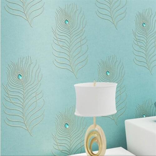 Beibehang embroidery wallpaper European 3D diamond non-woven peacock blue feather bedroom living room TV background