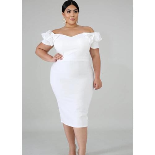 Off The Shoulder Dresses Plus Size 3XL Ruffles Short Sleeve Bodycon Knee Length Office Evening Party Event Robe Dropshipping New