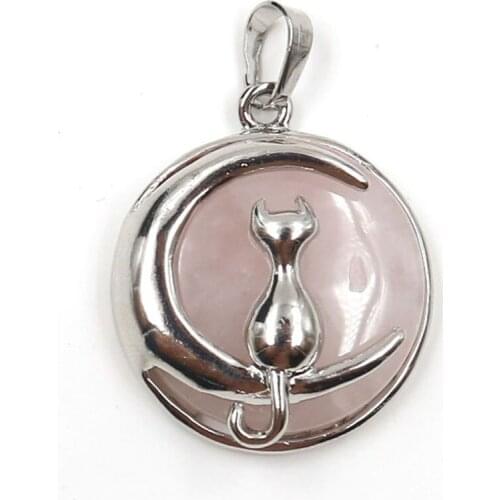 Rose Pink Quartzl Silver Plated Cute Cat and Moon Round Pendant Malachite Stone Amulet Jewelry