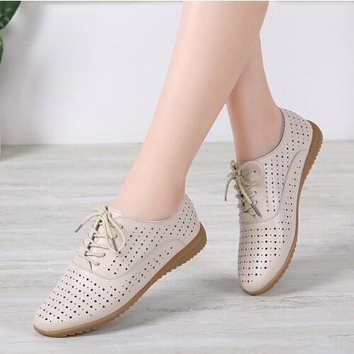 Flats Summer Women Shoes Casual Fashion Genuine Leather Hollow Out Cowhide Breathable Antiskid Light Soft Comfort Trend Lace Up